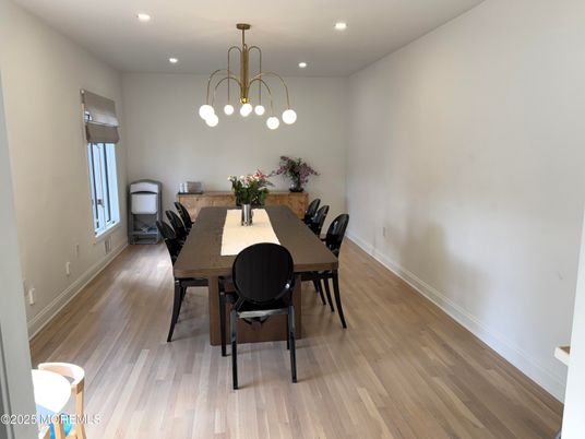 Dining room, Interior, Pendant Lights, Recessed Lighting, Wood Texture Flooring