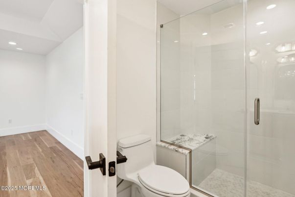 Bathroom, Glass Shower, Interior, Recessed Lighting, Wood Texture Flooring