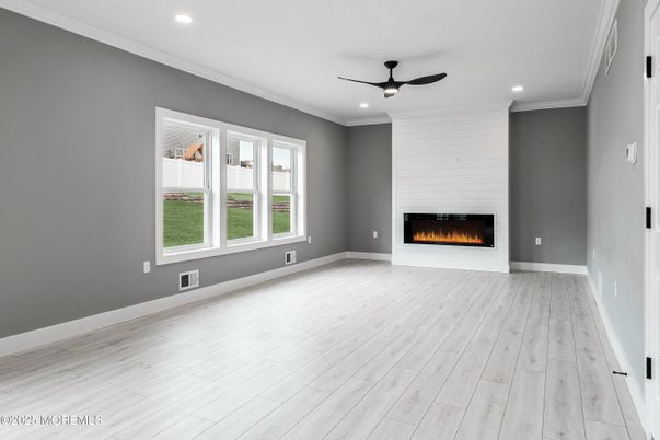 Empty room, Fireplace, Interior, Recessed Lighting, Wood Texture Flooring