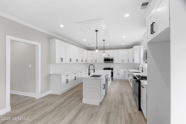 Interior, Kitchen, Pendant Lights, Recessed Lighting, Stainless Steel Appliances, Wood Texture Flooring