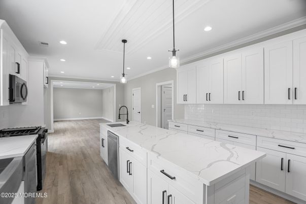 Interior, Kitchen, Pendant Lights, Recessed Lighting, Stainless Steel Appliances, Wood Texture Flooring