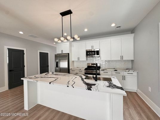 Interior, Kitchen, Pendant Lights, Recessed Lighting, Stainless Steel Appliances, Wood Texture Flooring