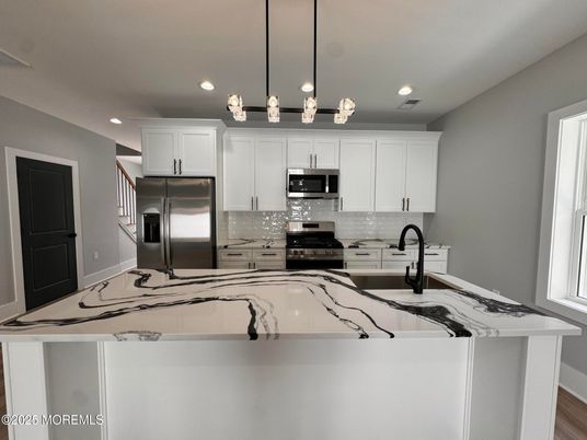 Interior, Kitchen, Pendant Lights, Recessed Lighting, Stainless Steel Appliances, Wood Texture Flooring