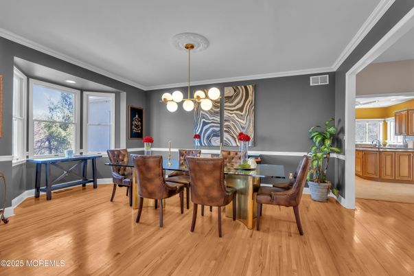 Dining room, Interior, Pendant Lights, Recessed Lighting, Wood Texture Flooring