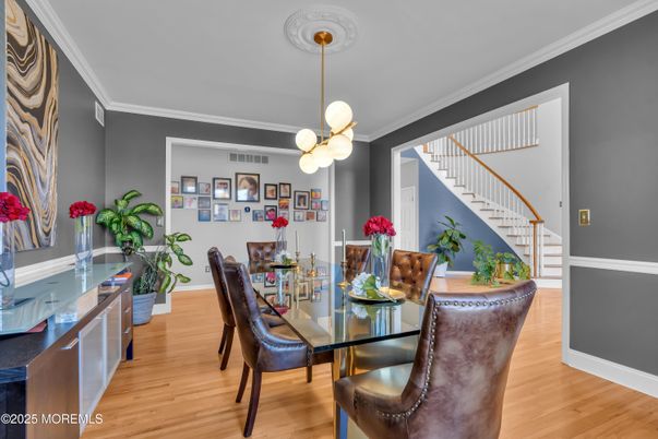 Dining room, Interior, Pendant Lights, Wood Texture Flooring