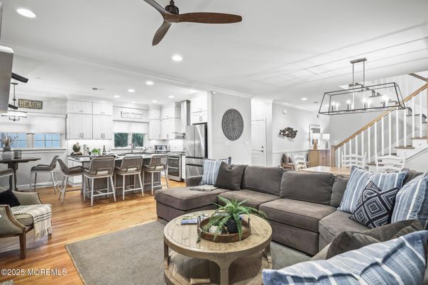 Dining room, Interior, Kitchen, Living room, Pendant Lights, Recessed Lighting, Stainless Steel Appliances, Wood Texture Flooring