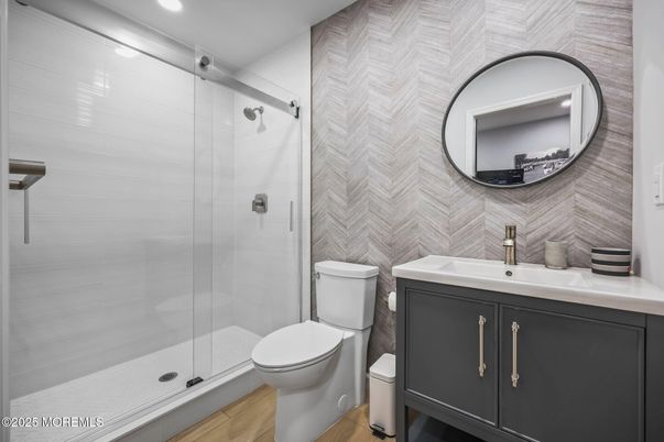 Bathroom, Glass Shower, Interior, Recessed Lighting, Wood Texture Flooring