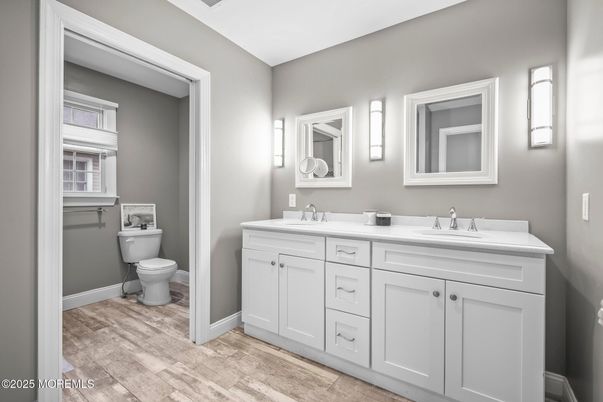 Bathroom, Dual Sink Vanities, Interior, Wood Texture Flooring