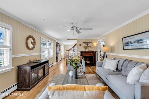 Fireplace, Interior, Living room, Recessed Lighting, Wood Texture Flooring
