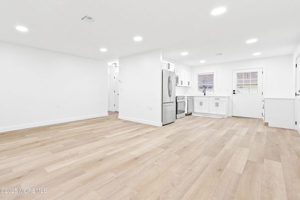 Empty room, Interior, Kitchen, Recessed Lighting, Wood Texture Flooring