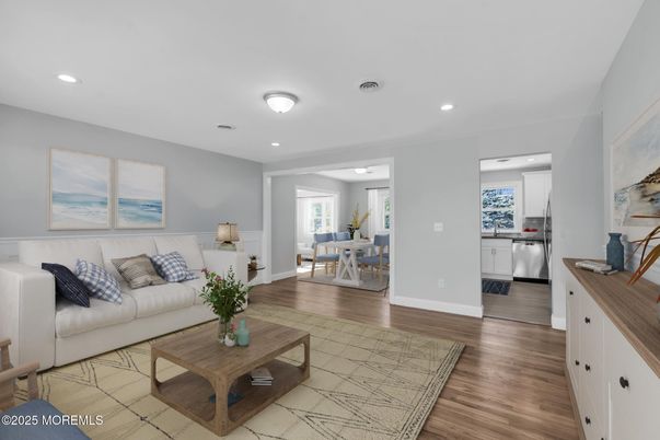Dining room, Interior, Kitchen, Living room, Recessed Lighting, Wood Texture Flooring