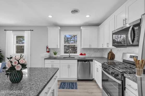 Interior, Kitchen, Recessed Lighting, Stainless Steel Appliances, Wood Texture Flooring
