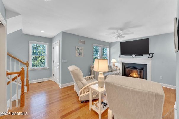 Fireplace, Interior, Living room, Recessed Lighting, Wood Texture Flooring