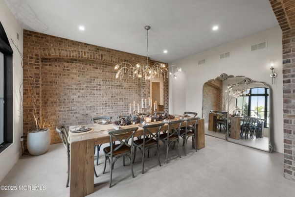 Chandelier, Dining room, Interior, Pendant Lights, Recessed Lighting, Stone Walls