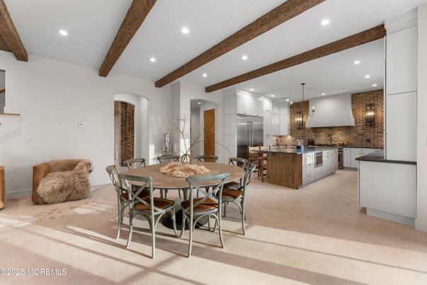 Dining room, Interior, Kitchen, Pendant Lights, Recessed Lighting, Stainless Steel Appliances, Stone Walls, Wooden Beams
