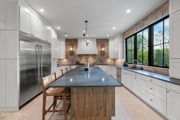 Interior, Kitchen, Pendant Lights, Recessed Lighting, Stainless Steel Appliances, Stone Walls