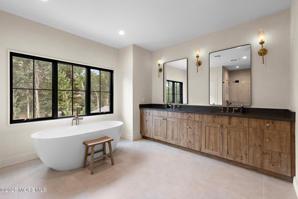 Bathroom, Dual Sink Vanities, Free Standing Baths, Interior, Recessed Lighting