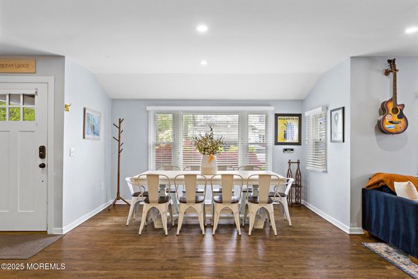 Dining room, Interior, Recessed Lighting, Wood Texture Flooring