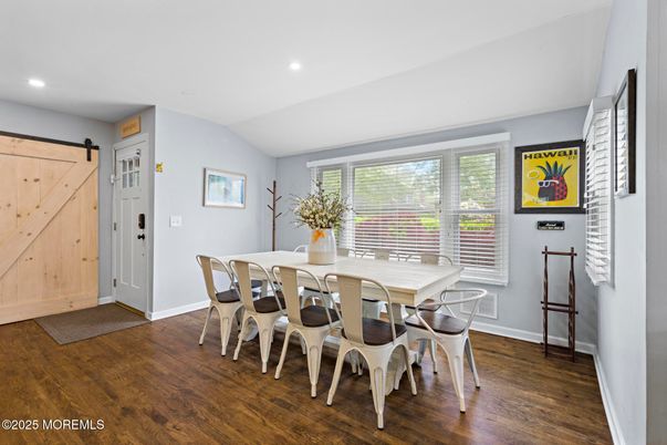 Dining room, Interior, Recessed Lighting, Wood Texture Flooring