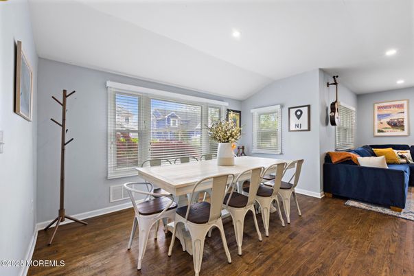 Dining room, Interior, Living room, Pendant Lights, Recessed Lighting, Wood Texture Flooring