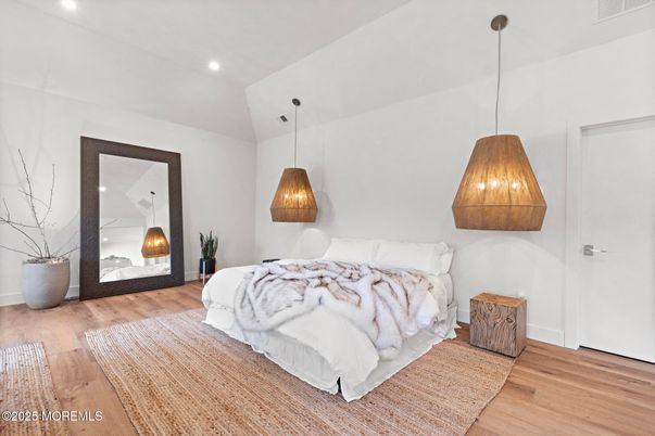 Bedroom, Interior, Pendant Lights, Recessed Lighting, Wood Texture Flooring
