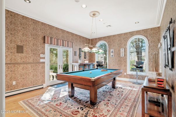 Billiard Table, Game Room, Interior, Pendant Lights, Recessed Lighting, Wood Texture Flooring