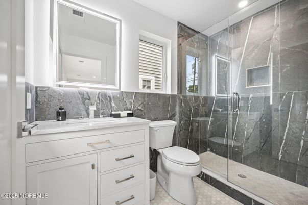 Bathroom, Glass Shower, Interior, Marble Walls, Recessed Lighting