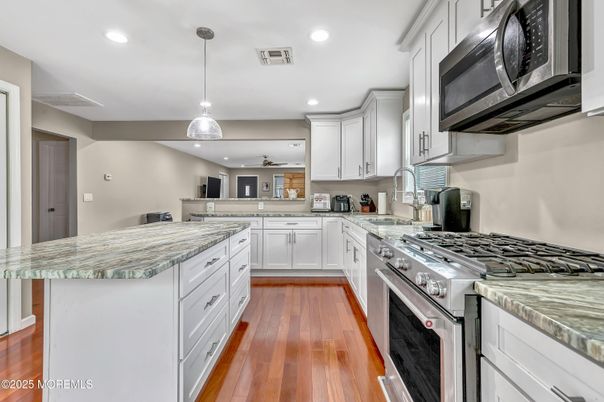 Interior, Kitchen, Pendant Lights, Recessed Lighting, Stainless Steel Appliances, Wood Texture Flooring