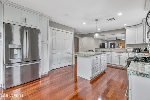 Interior, Kitchen, Pendant Lights, Recessed Lighting, Stainless Steel Appliances, Wood Texture Flooring
