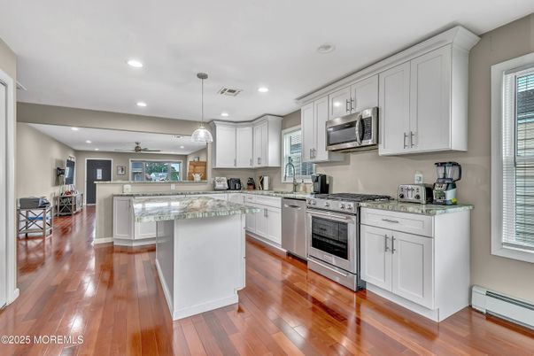 Interior, Kitchen, Pendant Lights, Recessed Lighting, Wood Texture Flooring