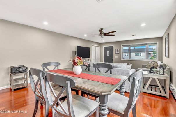 Dining room, Interior, Living room, Recessed Lighting, Wood Texture Flooring
