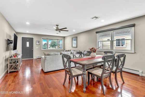 Dining room, Interior, Living room, Recessed Lighting, Wood Texture Flooring