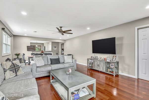 Dining room, Interior, Living room, Pendant Lights, Recessed Lighting, Wood Texture Flooring