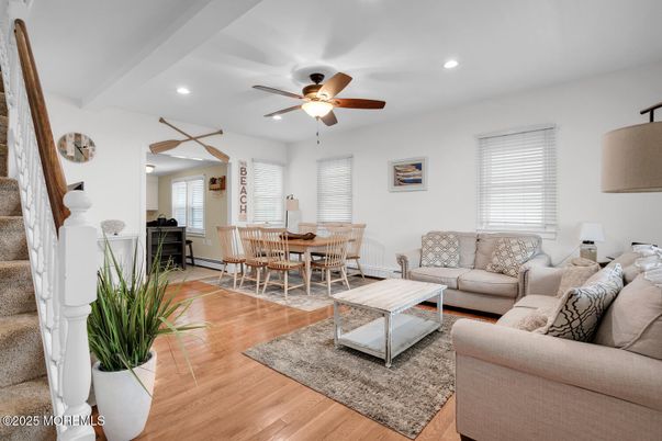 Dining room, Interior, Living room, Recessed Lighting, Wood Texture Flooring