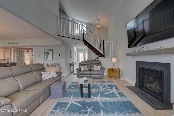 Fireplace, Interior, Living room, Pendant Lights, Wood Texture Flooring