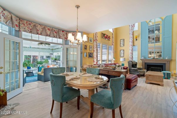 Chandelier, Dining room, Fireplace, Interior, Living room, Wood Texture Flooring