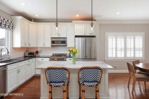 Interior, Kitchen, Pendant Lights, Recessed Lighting, Stainless Steel Appliances, Wood Texture Flooring