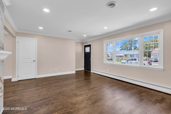 Empty room, Fireplace, Interior, Recessed Lighting, Wood Texture Flooring