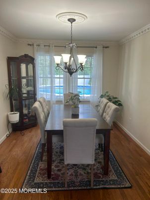 Chandelier, Dining room, Interior, Wood Texture Flooring