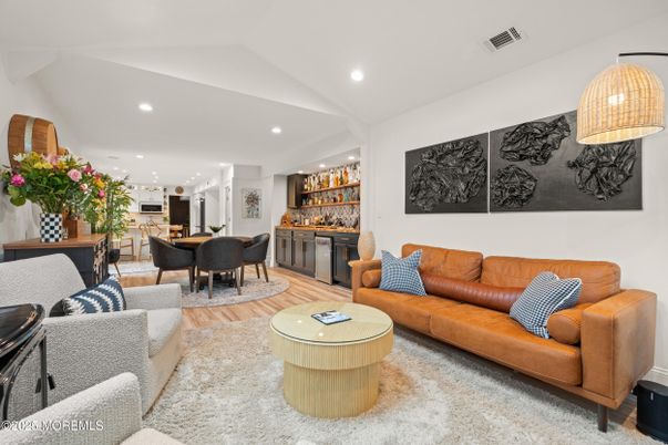 Dining room, Interior, Living room, Recessed Lighting, Wood Texture Flooring