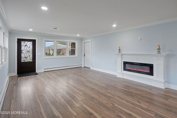 Empty room, Fireplace, Interior, Recessed Lighting, Wood Texture Flooring