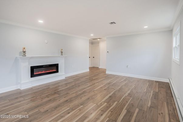 Empty room, Fireplace, Interior, Recessed Lighting, Wood Texture Flooring