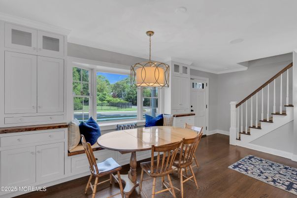 Dining room, Interior, Pendant Lights, Recessed Lighting, Wood Texture Flooring