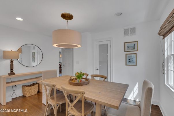 Dining room, Interior, Pendant Lights, Recessed Lighting, Wood Texture Flooring