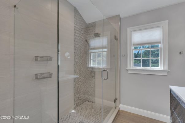 Bathroom, Glass Shower, Interior, Wood Texture Flooring