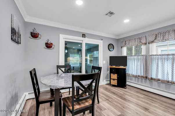 Dining room, Interior, Recessed Lighting, Wood Texture Flooring