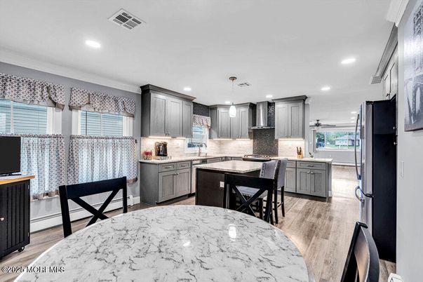Interior, Kitchen, Pendant Lights, Recessed Lighting, Stainless Steel Appliances, Wood Texture Flooring