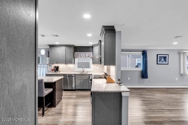 Interior, Kitchen, Pendant Lights, Recessed Lighting, Stainless Steel Appliances, Wood Texture Flooring