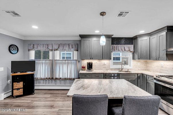 Interior, Kitchen, Pendant Lights, Recessed Lighting, Stainless Steel Appliances, Wood Texture Flooring