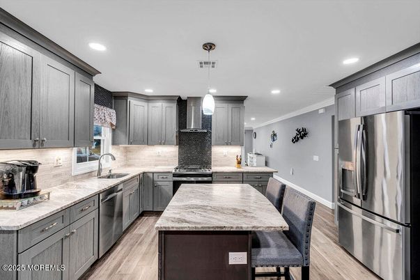 Interior, Kitchen, Pendant Lights, Recessed Lighting, Stainless Steel Appliances, Wood Texture Flooring